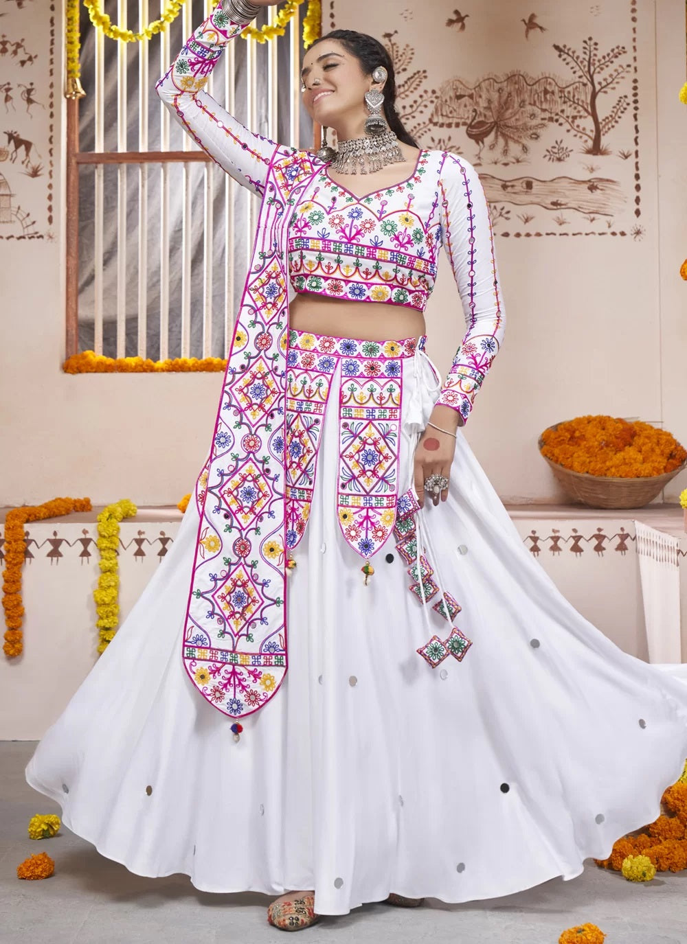 White Viscose Rayon Embroidery and mirror Work Navratri Lehenga