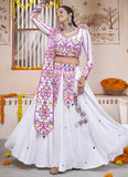 White Viscose Rayon Embroidery and mirror Work Navratri Lehenga