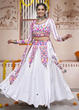 White Viscose Rayon Embroidery and mirror Work Navratri Lehenga