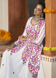 White Viscose Rayon Embroidery and mirror Work Navratri Lehenga