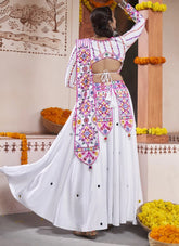White Viscose Rayon Embroidery and mirror Work Navratri Lehenga