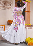 White Viscose Rayon Embroidery and mirror Work Navratri Lehenga