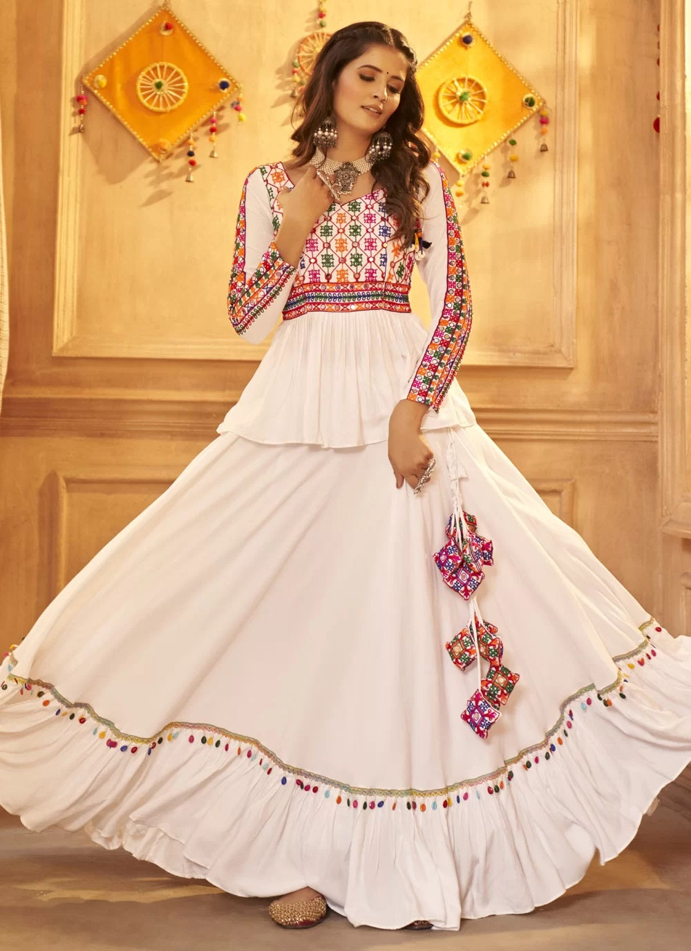 White Viscose Rayon Navratri Ghagra Choli