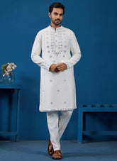 Elegant White Viscose Silk Kurta Pyjama with Real Mirror and Thread Work