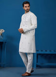 White Viscose Silk Kurta Pyjama with Real Mirror & Thread Work | Gunj Fashion