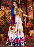 Digital printed white lehenga with mirror work