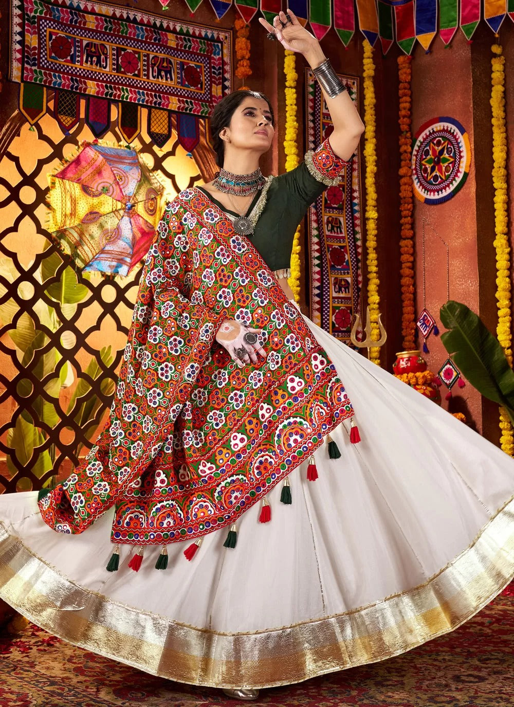 Elegant White Festive Navratri Lehenga with Gujarati-Style Mirror Work Blouse & Dupatta