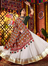 Elegant White Festive Navratri Lehenga with Gujarati-Style Mirror Work Blouse & Dupatta