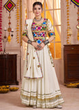 White dupatta with thread embroidery and all-over mirror detailing for festival wear