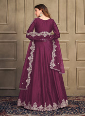 Wine Art Silk Heavy Embroidered Anarkali For Women
