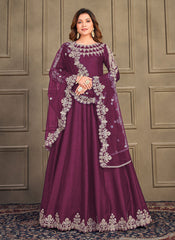 Wine Art Silk Heavy Embroidered Anarkali For Women