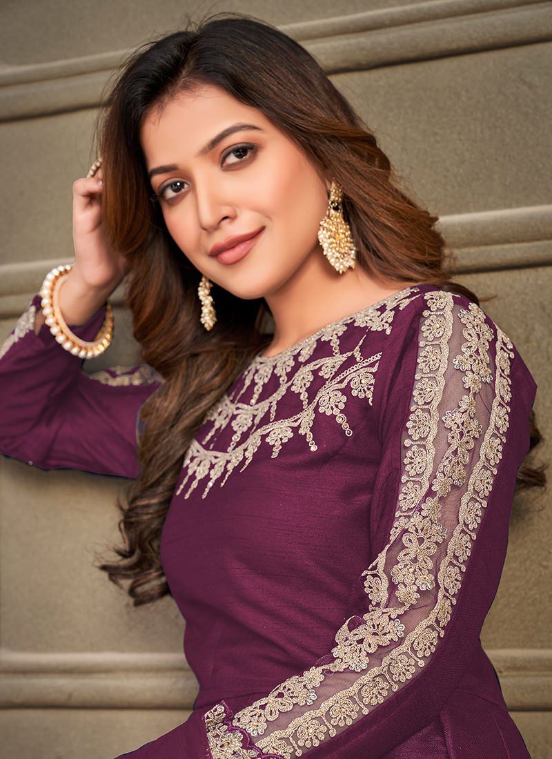 Wine Art Silk Heavy Embroidered Anarkali For Women