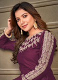 Wine Art Silk Heavy Embroidered Anarkali For Women
