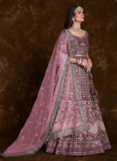 Wine Art Silk Thread, Zari, Sequins & Zarkan Work Bridal Lehenga