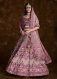 Wine Art Silk Thread, Zari, Sequins & Zarkan Work Bridal Lehenga