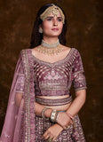 Wine Art Silk Thread, Zari, Sequins & Zarkan Work Bridal Lehenga