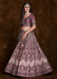Wine Art Silk Thread, Zari, Sequins & Zarkan Work Bridal Lehenga