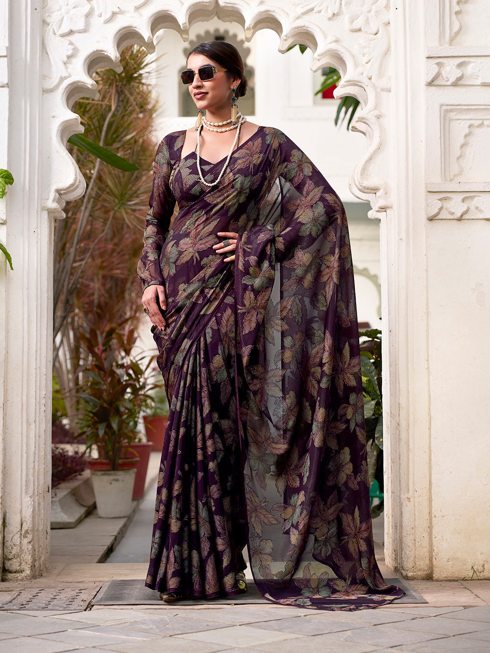 Wine lurex brasso saree with floral viscose work