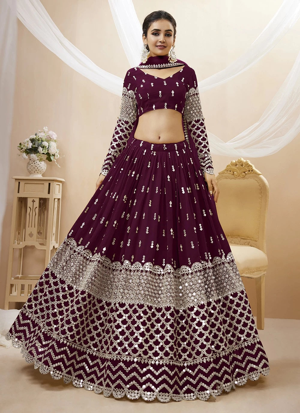 Wine Sequins and Zari Embroidery Wedding wear Lehenga