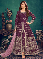 Wine Zari Embroidered Art Silk Designer Floor Length Suit