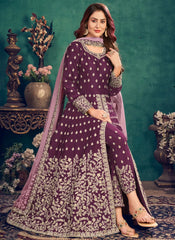 Wine Zari Embroidered Art Silk Designer Floor Length Suit