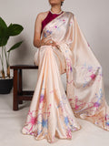 Cream Color Floral Print With Peral Lace Border Satin Silk Trading Saree