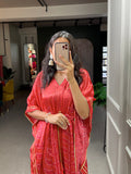 Red Color Digital Bandhej Printed Gaji Silk Kaftan