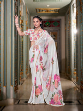 White georgette saree with printed design
