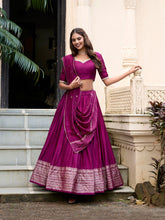Wine Color Plain With Zari Weaving Work Chanderi Lehenga Choli