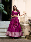 Wine Color Plain With Zari Weaving Work Chanderi Lehenga Choli