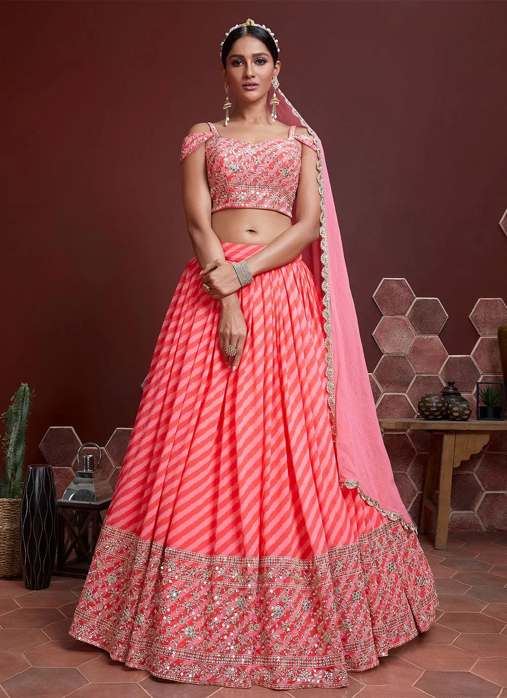 Women Peach & Gold Embellished Semi Stitched Lehenga Set