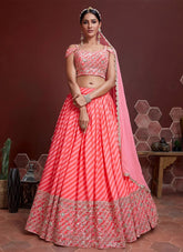 Women Peach & Gold Embellished Semi Stitched Lehenga Set