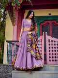 Lavender Vichitra silk lehenga with Kalamkari border