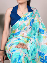 Firozi satin saree with pearl lace border