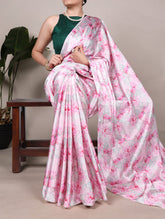 Pink satin silk saree with green blouse