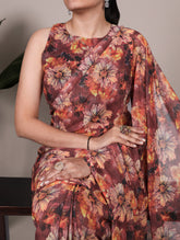 Rust orange floral printed marble saree