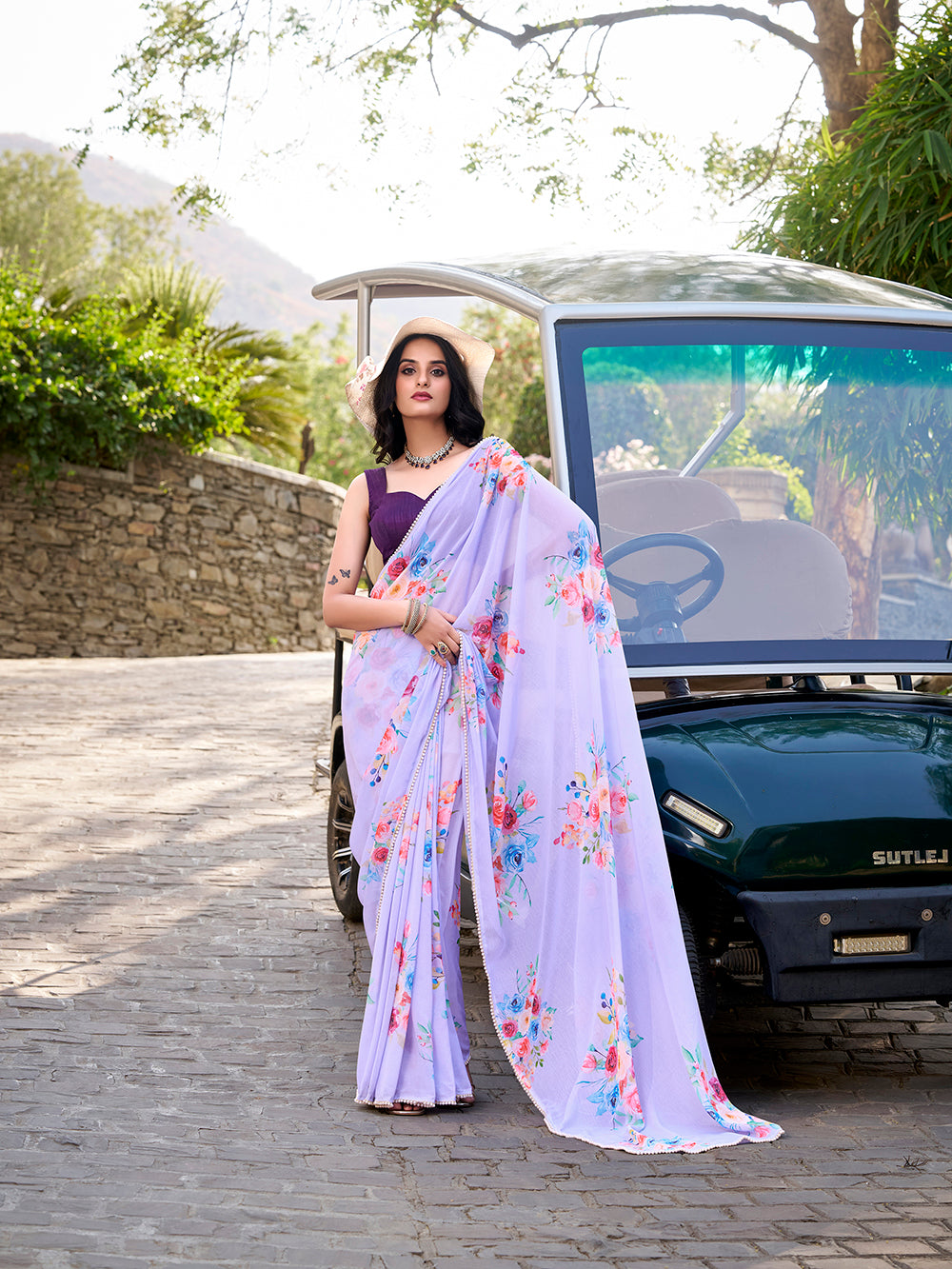 Lavender marbal saree with floral print