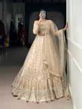 Cream Net Wedding Lehenga with Sequins Embroidery