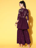 Women's Burgundy Crepe Kurta Sharara Set