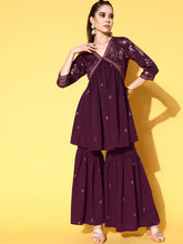Women's Burgundy Crepe Kurta Sharara Set