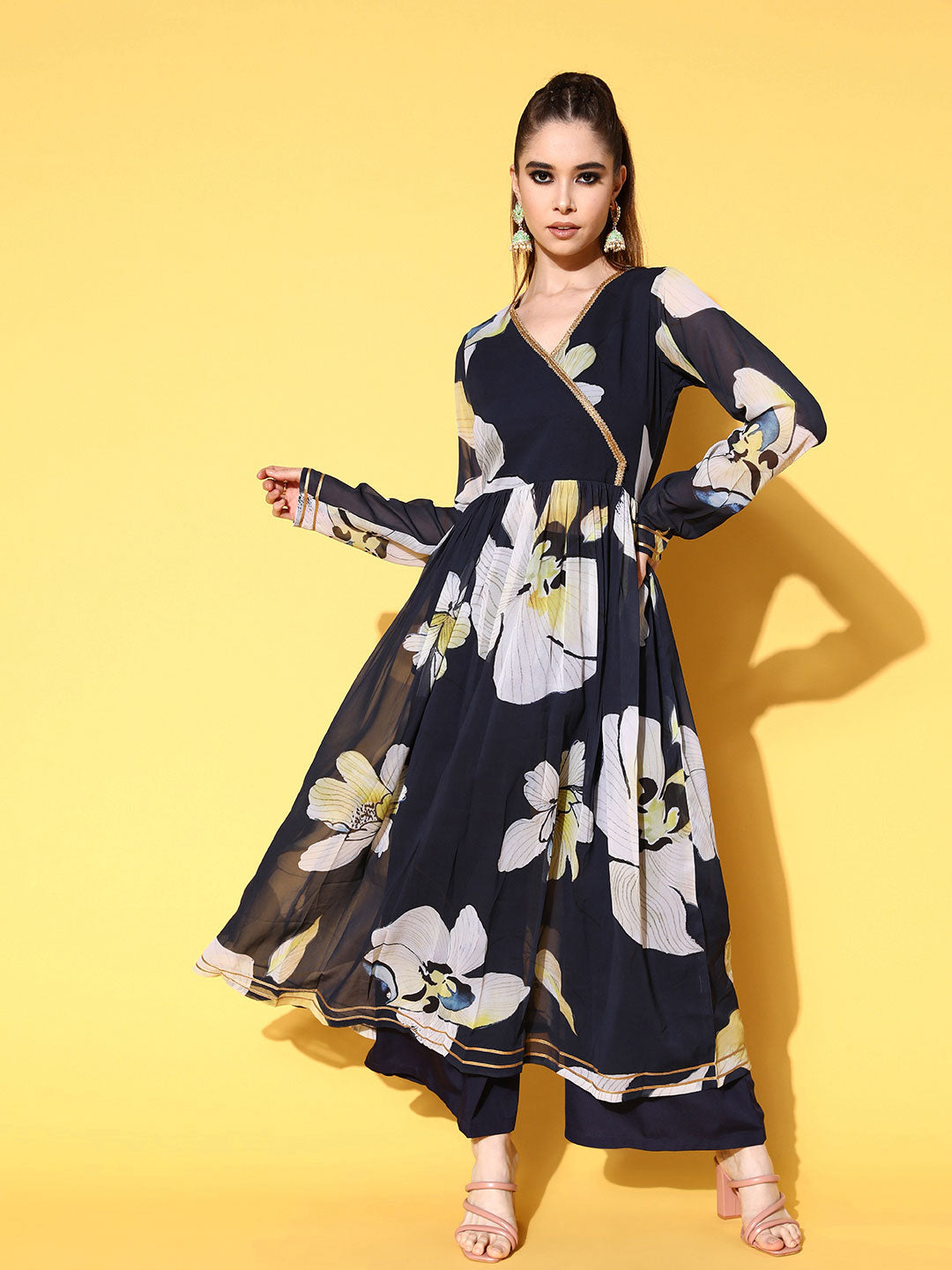 Women's Navy Blue Georgette Printed Kurta Palazzo Set