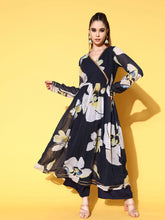 Women's Navy Blue Georgette Printed Kurta Palazzo Set