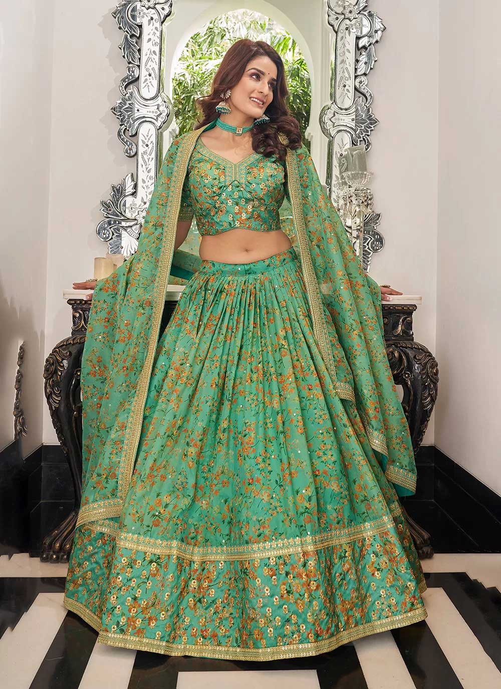 Womens Organza Pista Color Indian Wedding Lehenga