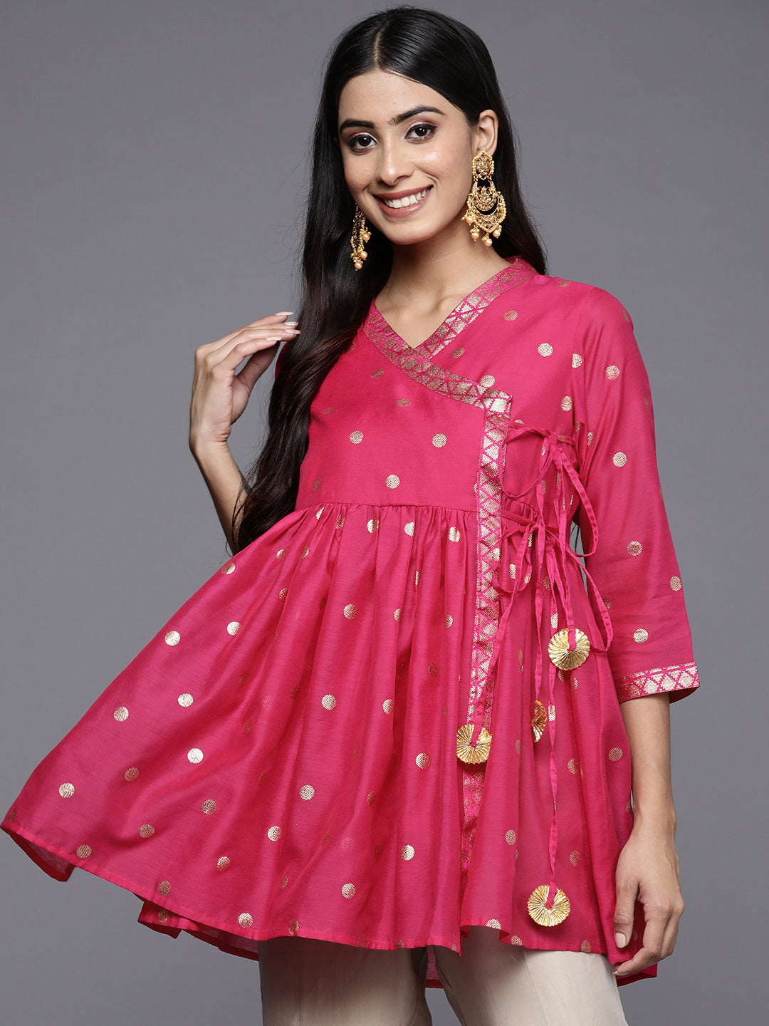 Women's Pink Chanderi Printed Tunic Top