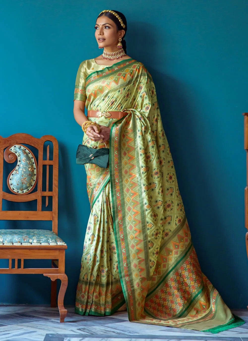 Women's Pista Banarasi Silk Patola Print With Woven Designer Saree