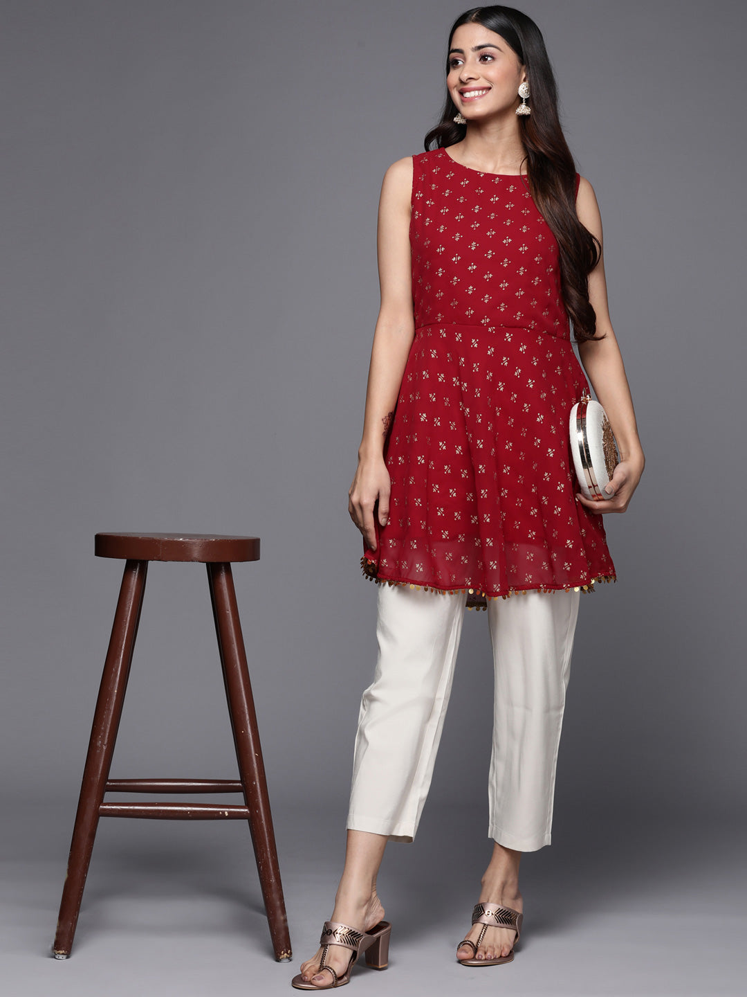 Women's Red Georgette Printed Tunic