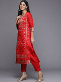 Women's Red Jacquard Kurta Trousers Set