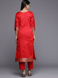 Women's Red Jacquard Kurta Trousers Set