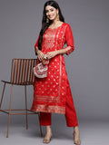 Women's Red Jacquard Kurta Trousers Set