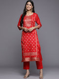 Women's Red Jacquard Kurta Trousers Set